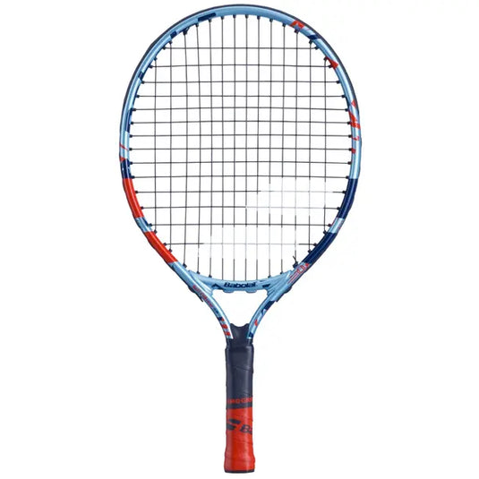 Tennis racket with blue and red design on a white background