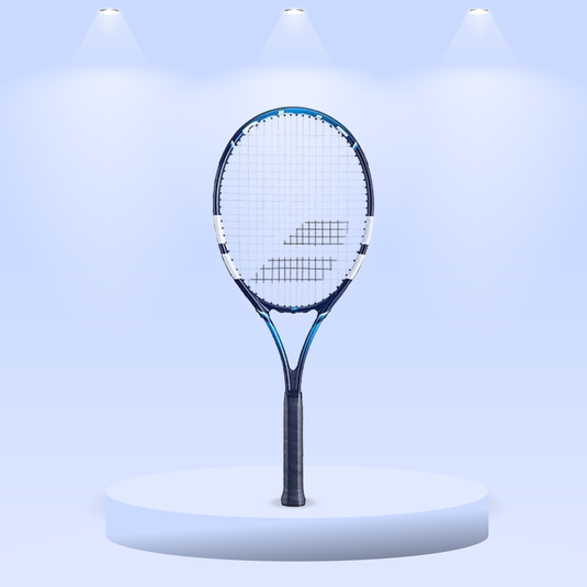 A Babolat Eagle S CV tennis racquet displayed against a neutral background, featuring a blue and white color scheme with string bed and handle visible.
