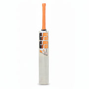 Orange and white cricket bat with brand logo on a white background