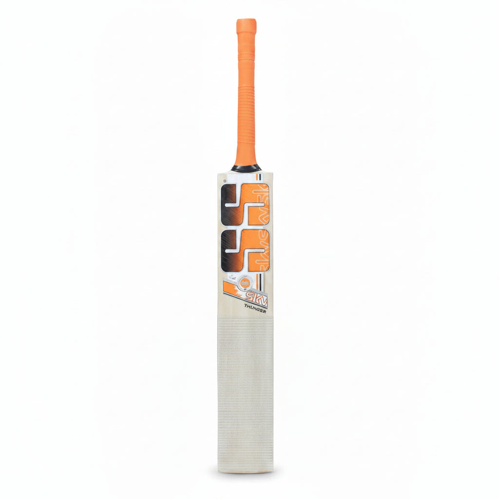 Orange and white cricket bat with brand logo on a white background