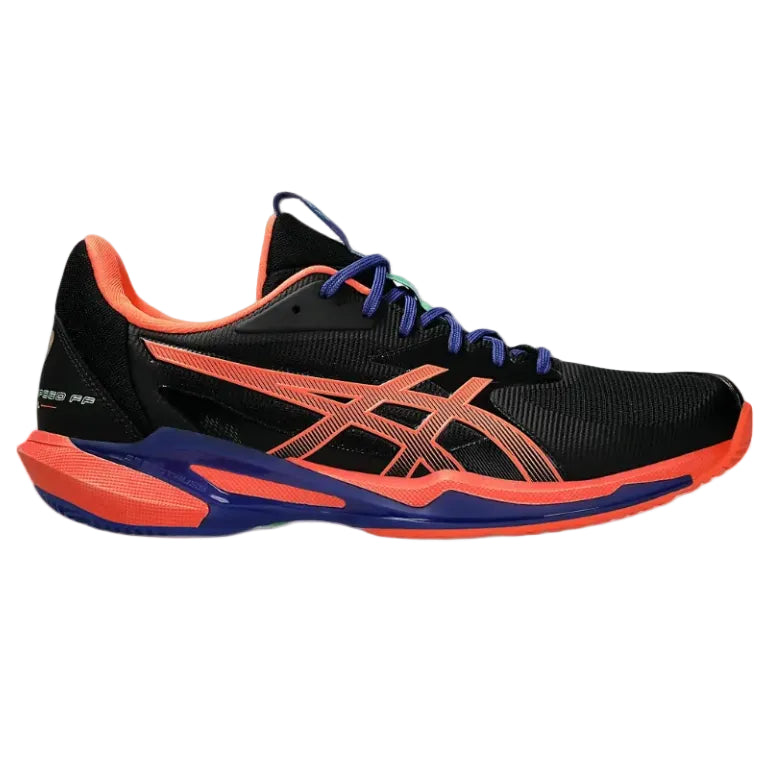 Black and orange athletic shoe with blue accents on a white background