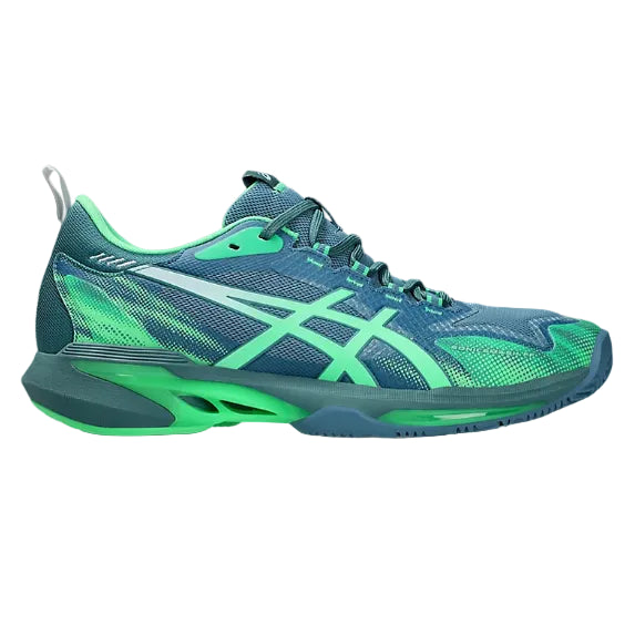 Blue and green athletic shoe on a white background