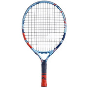 Tennis racket with blue and red design on a white background