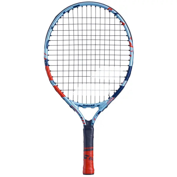 Tennis racket with blue and red design on a white background