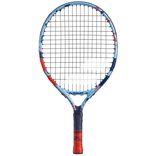 Tennis racket with blue and red design on a white background