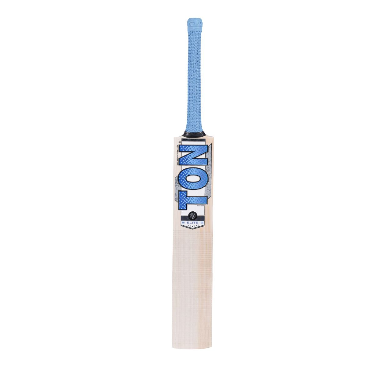 Crickets bat with blue handle and brand logo on a white background