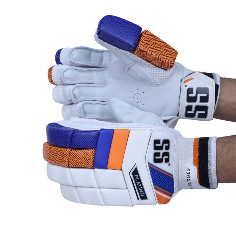 Load image into Gallery viewer, White cricket gloves with blue and orange accents on a white background
