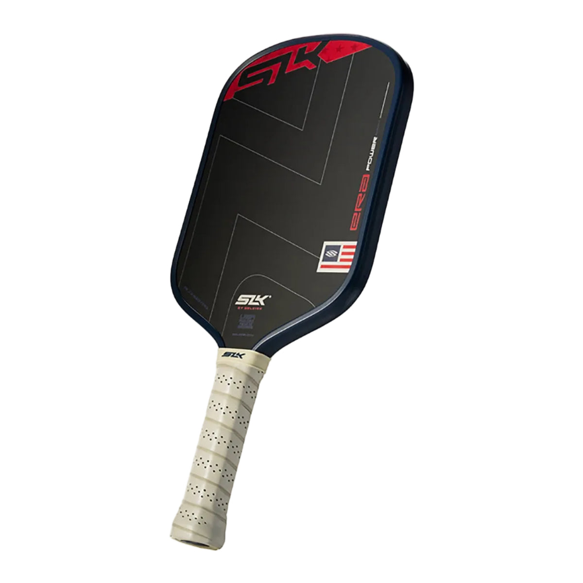 An STK Pickleball Pro 2 paddle featuring a black face with red and white graphics, a navy blue edge, and a beige grip, shown on a solid white background.