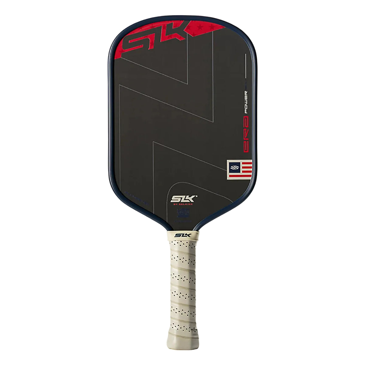 A SIK Power X2 pickleball paddle with a black and dark gray face, red and blue accents, a small American flag decal, and a cream-colored wrapped handle, shown against a solid white background.
