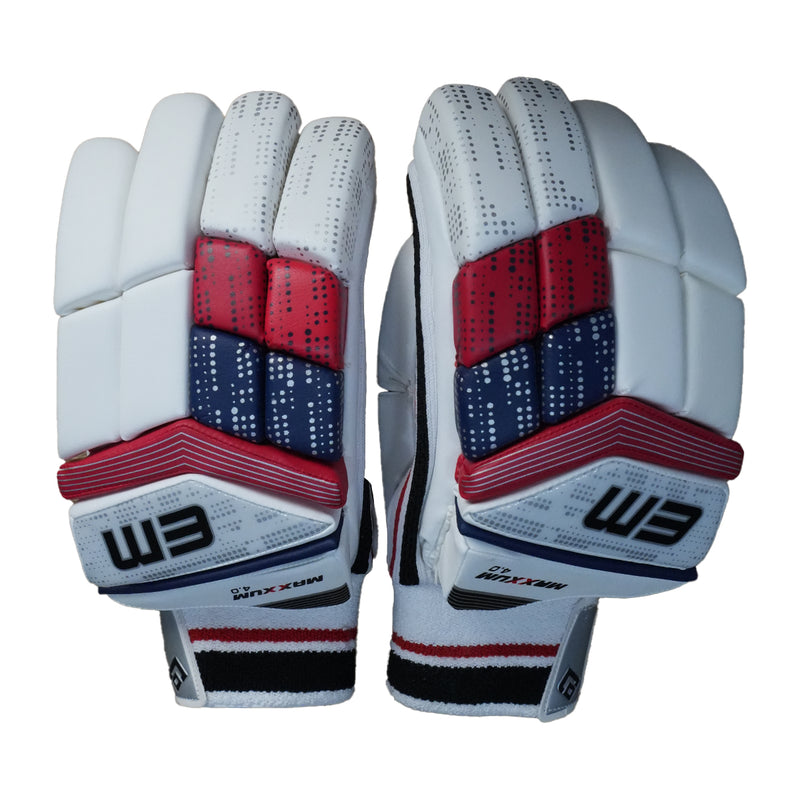 Load image into Gallery viewer, EM Maxxum 4.0 Cricket Batting Gloves In White And Blue Color
