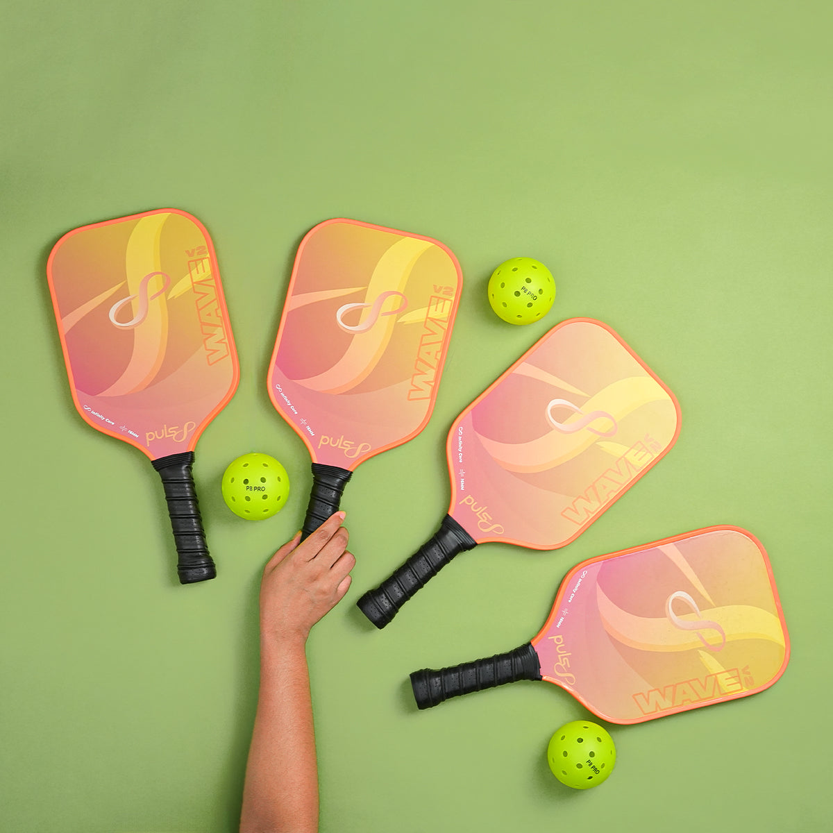 Puls8 Wave V2 Complete Pickleball Paddle Set (Four Paddles + Balls)