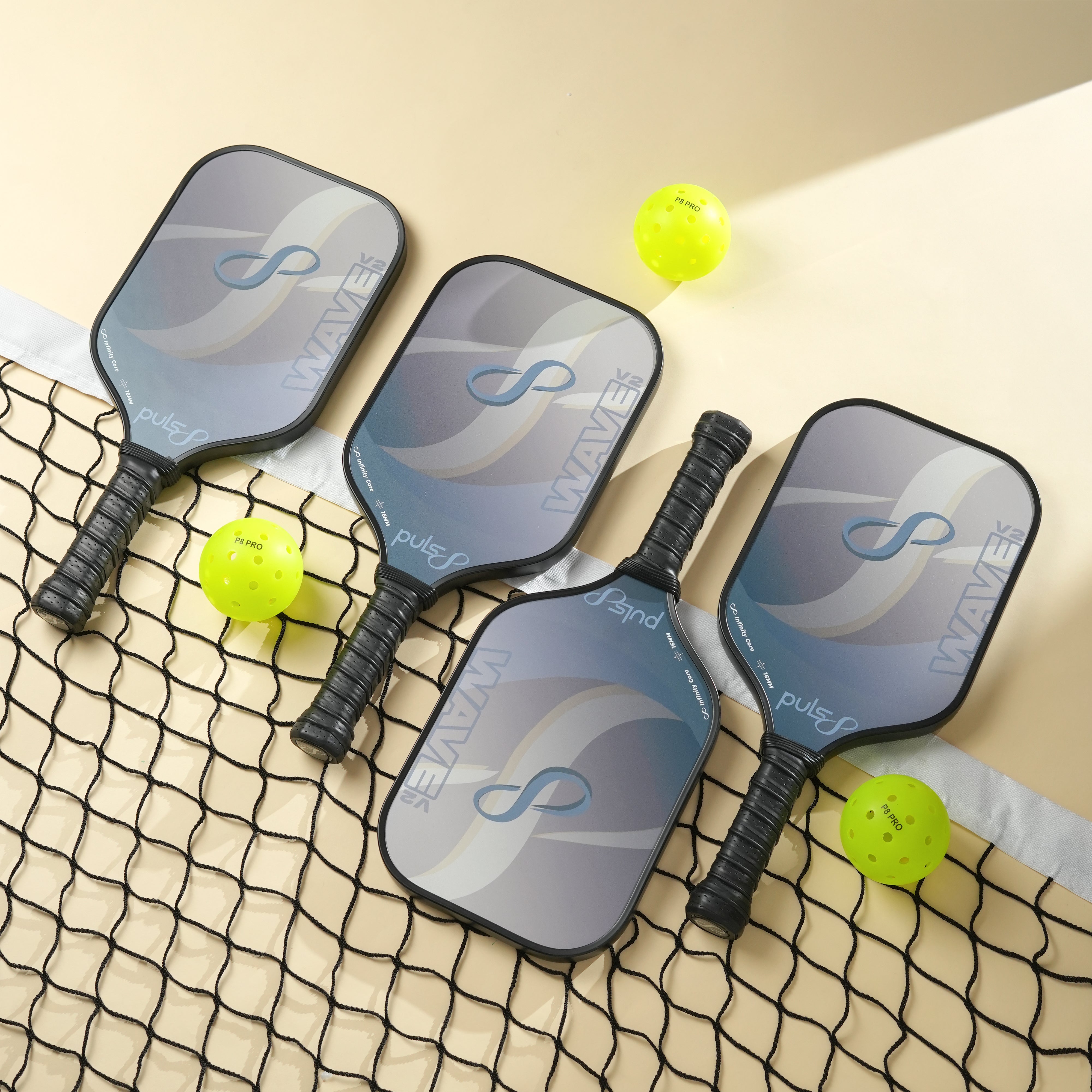Puls8 Wave V2 Complete Pickleball Paddle Set (Four Paddles + Balls + Net)