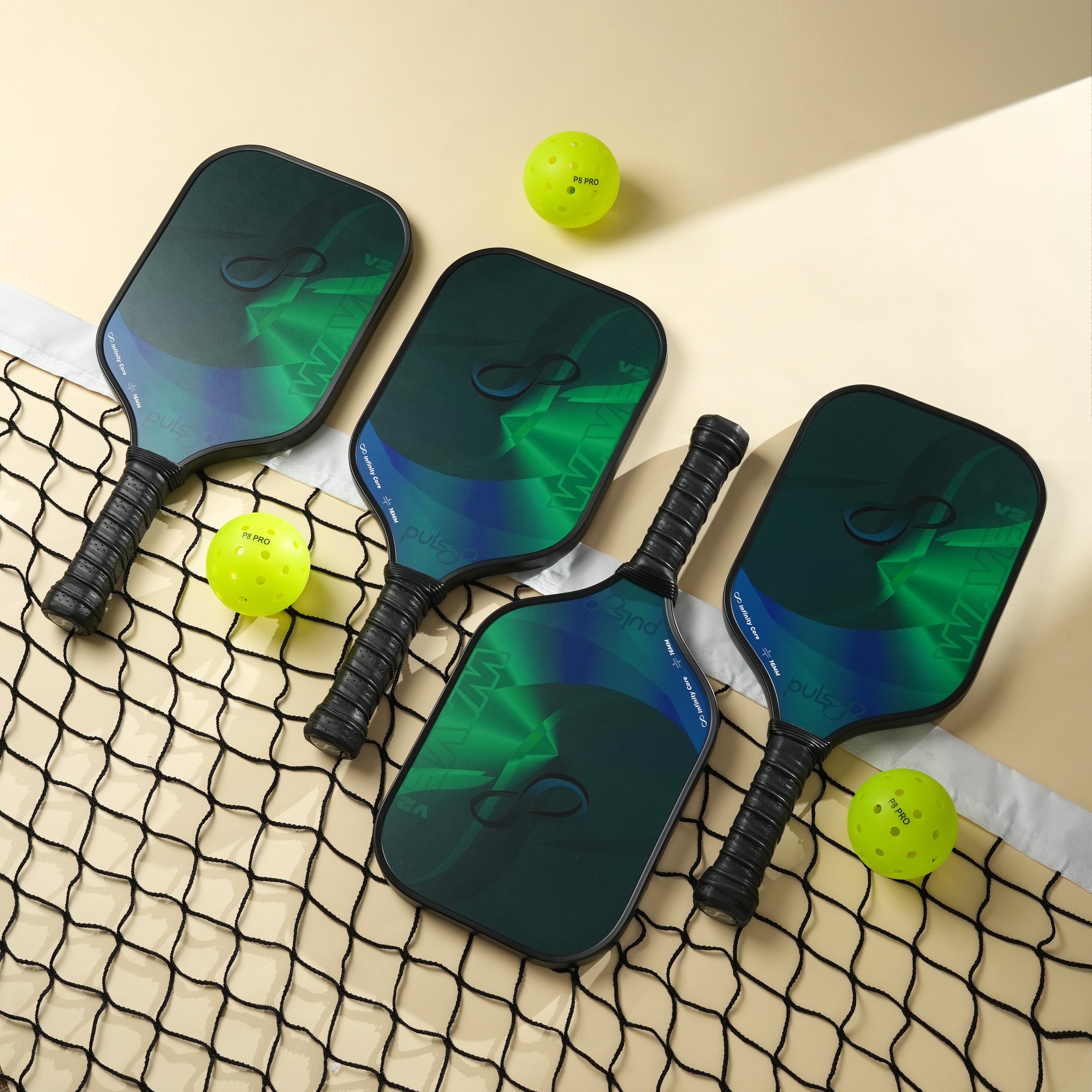 Puls8 Wave V2 Complete Pickleball Paddle Set (Four Paddles + Balls + Net)
