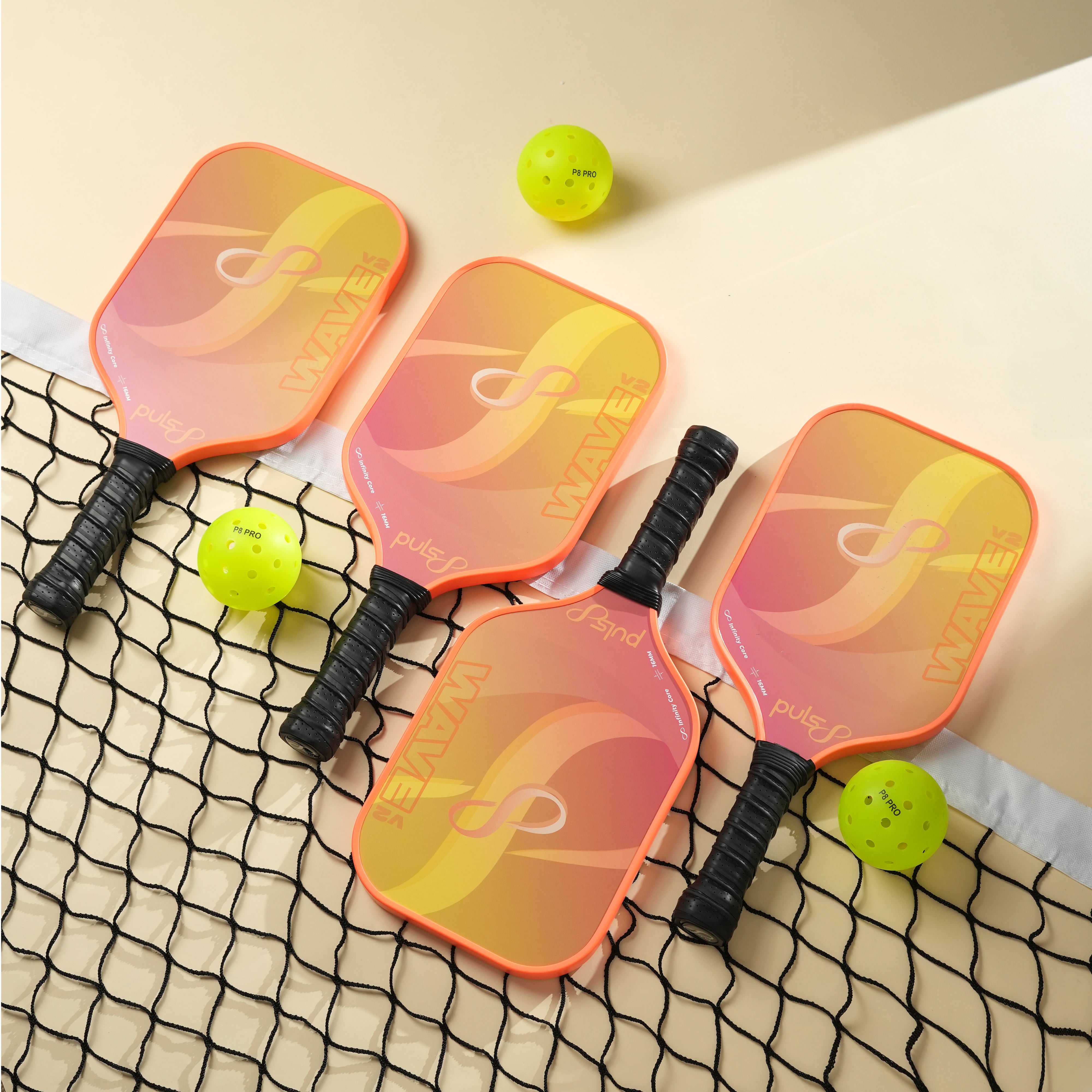Puls8 Wave V2 Complete Pickleball Paddle Set (Four Paddles + Balls + Net)