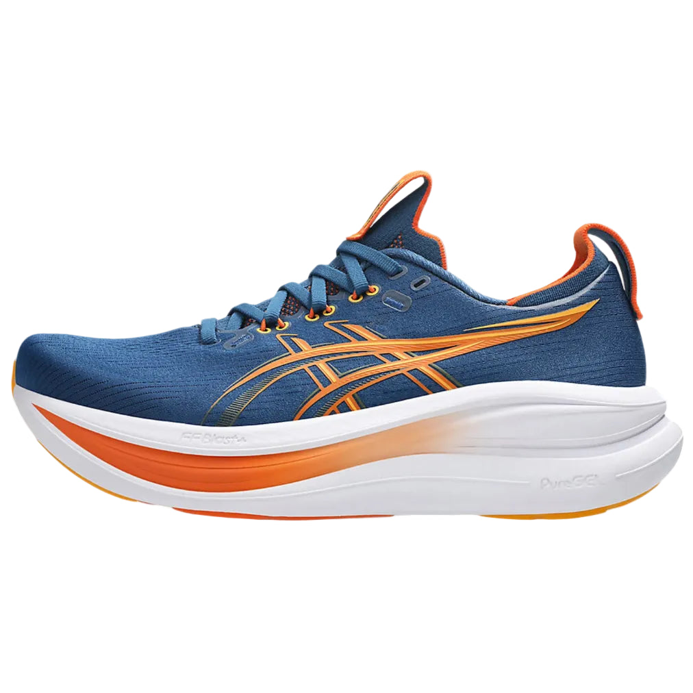 Blue and orange running shoe on a white background