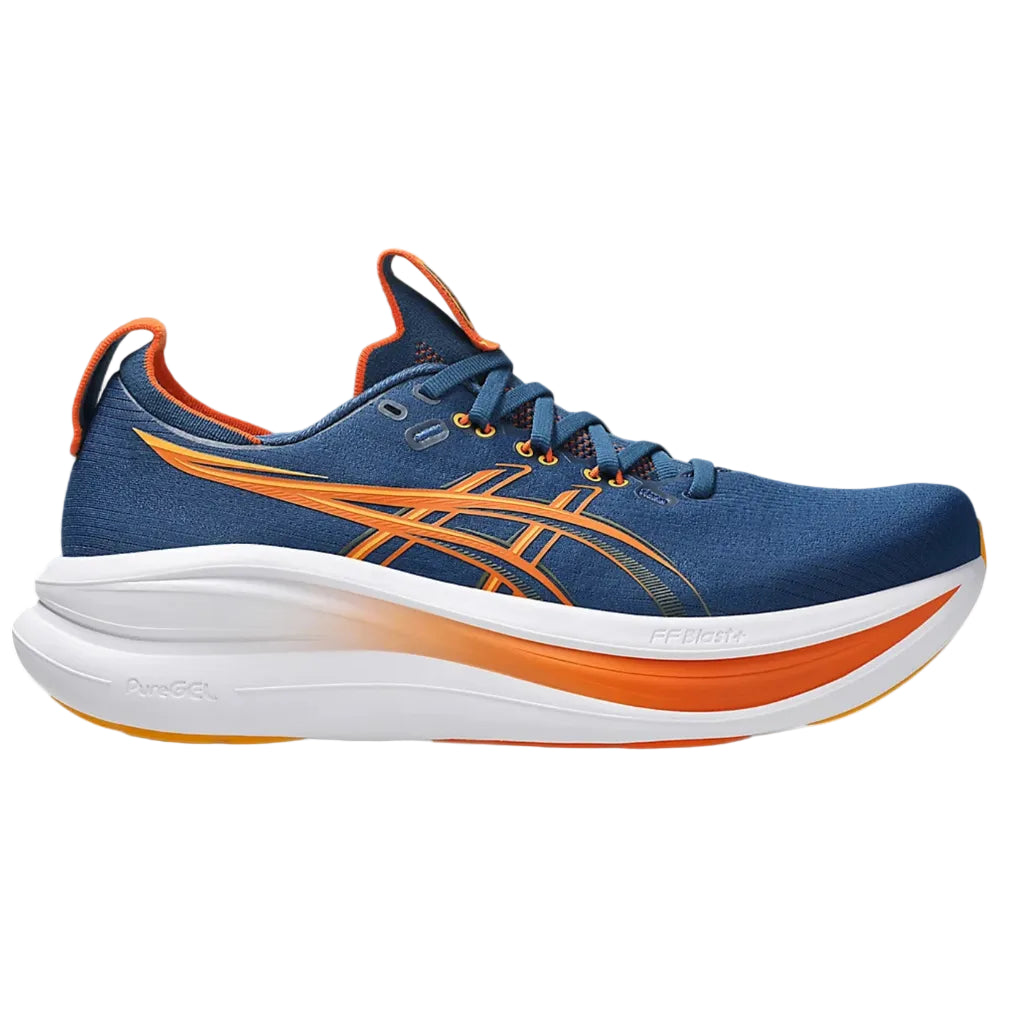Blue and orange running shoe with white sole on a white background