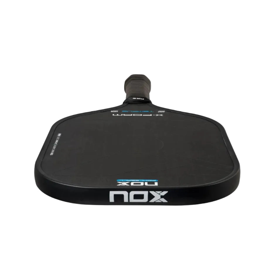 Black table tennis paddle with 'NOX' branding on a white background