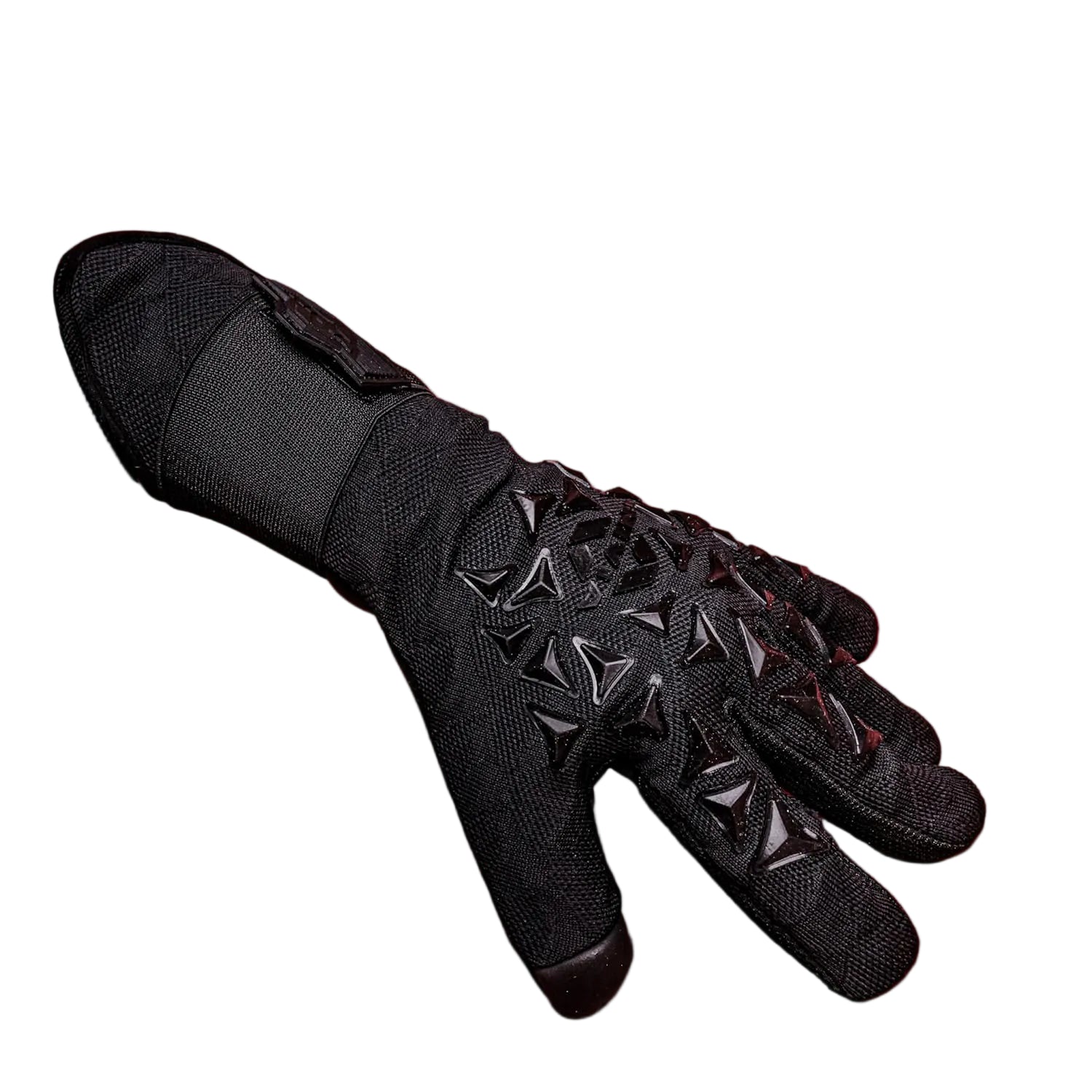 A single black Ashtang 2.0 goalkeeper glove with textured, spiked knuckle protection, displayed against a solid red background with white promotional text at the top.