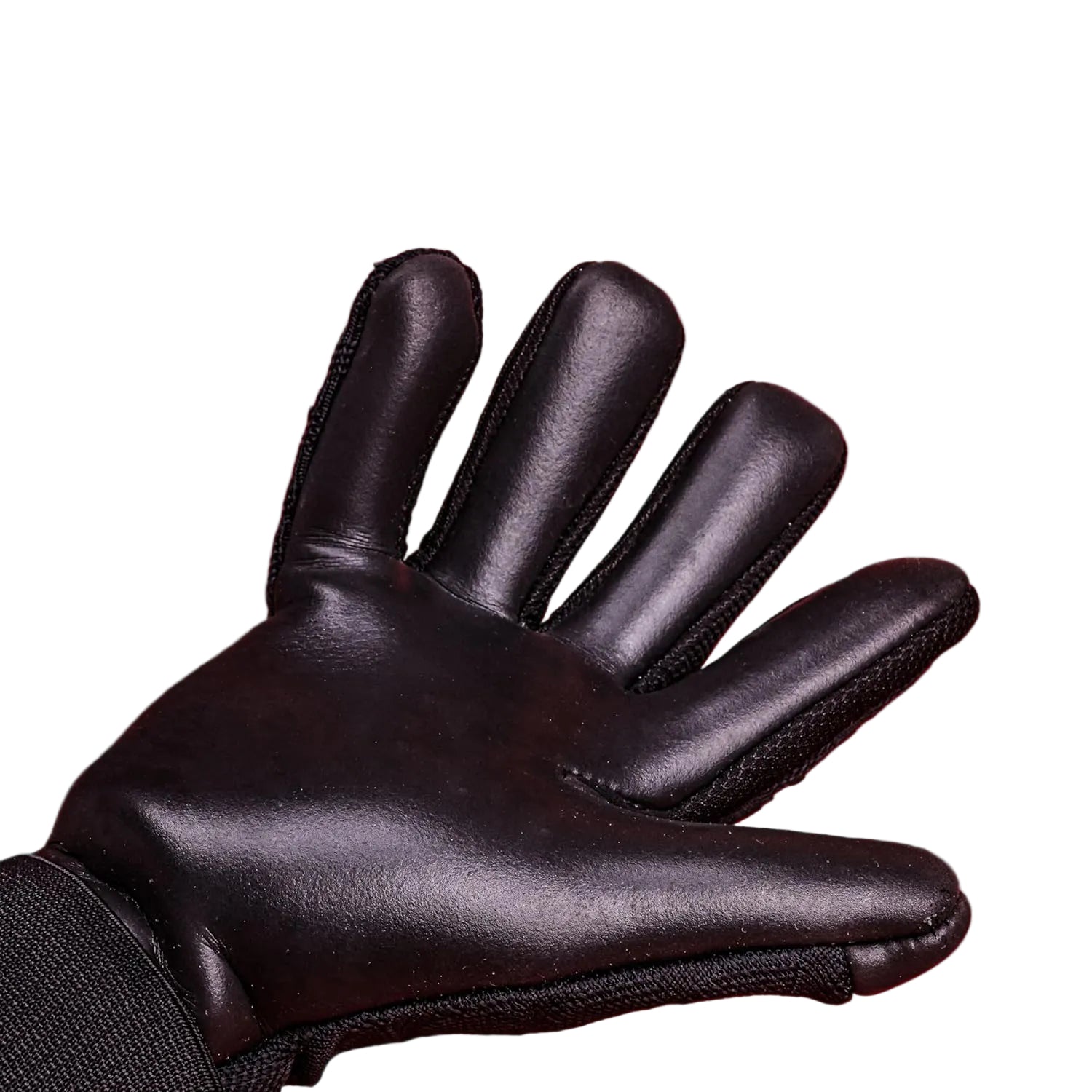 A single black glove shown open against a bright red background, with white promotional text at the top describing grip and traction features.