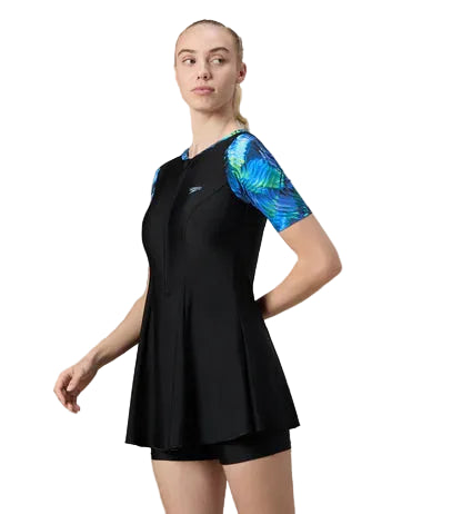 Speedo Closedback Short Sleeve Swimdress With Boyleg Female Swimming Costume