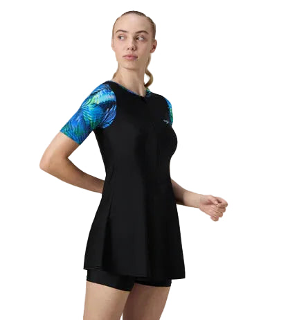 Speedo Closedback Short Sleeve Swimdress With Boyleg Female Swimming Costume