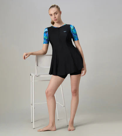 Speedo Closedback Short Sleeve Swimdress With Boyleg Female Swimming Costume