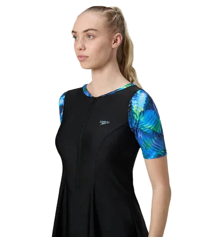 Speedo Closedback Short Sleeve Swimdress With Boyleg Female Swimming Costume