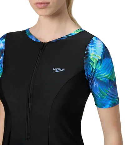 Speedo Closedback Short Sleeve Swimdress With Boyleg Female Swimming Costume