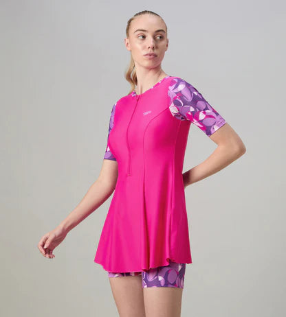 Speedo Closedback Short Sleeve Swimdress With Boyleg Female Swimming Costume
