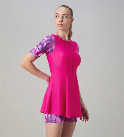 Speedo Closedback Short Sleeve Swimdress With Boyleg Female Swimming Costume