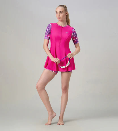 Speedo Closedback Short Sleeve Swimdress With Boyleg Female Swimming Costume