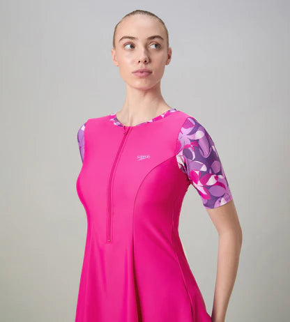 Speedo Closedback Short Sleeve Swimdress With Boyleg Female Swimming Costume