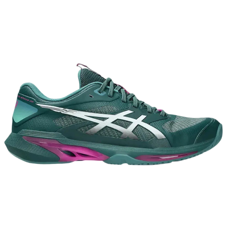 A single ASICS tennis shoe in dark teal green with a metallic silver side stripe and bright magenta accents on the midsole and heel, shown against a plain white background.