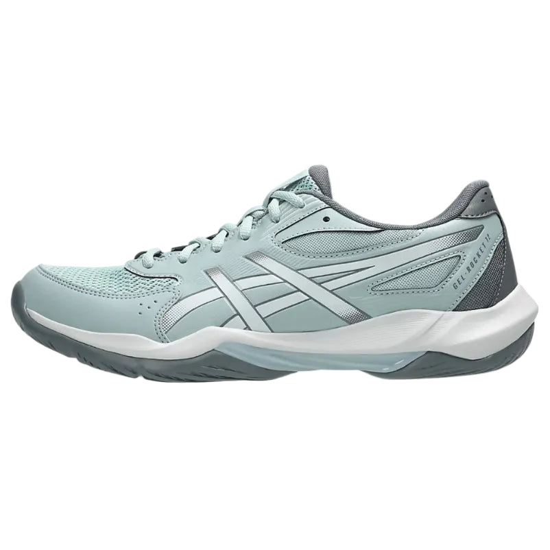 A light blue and gray athletic sneaker with white stripes on the side, shown from a three-quarters angle against a white background.
