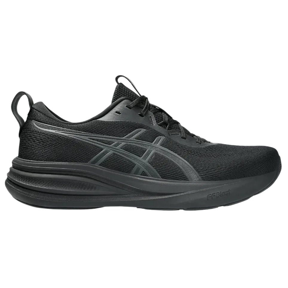 Black running shoe with brand logo on a white background