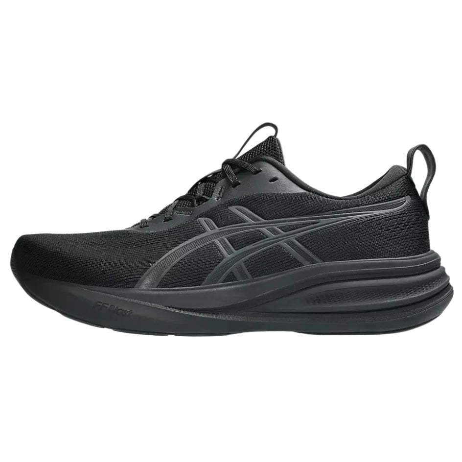 Black running shoe on a white background