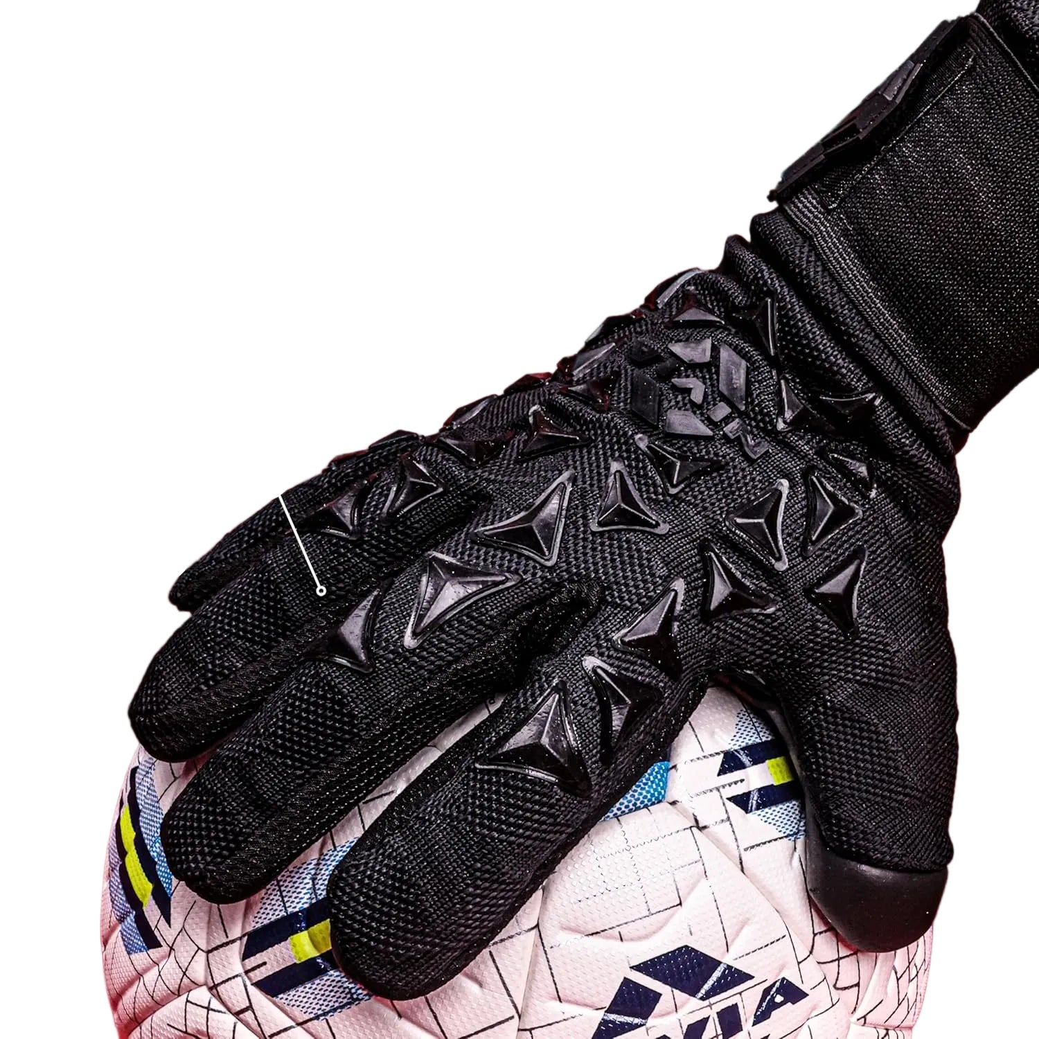Black soccer goalkeeper glove with textured grip panels and a close-up inset showing the finger tip, resting on a soccer ball against a red background with promotional text.