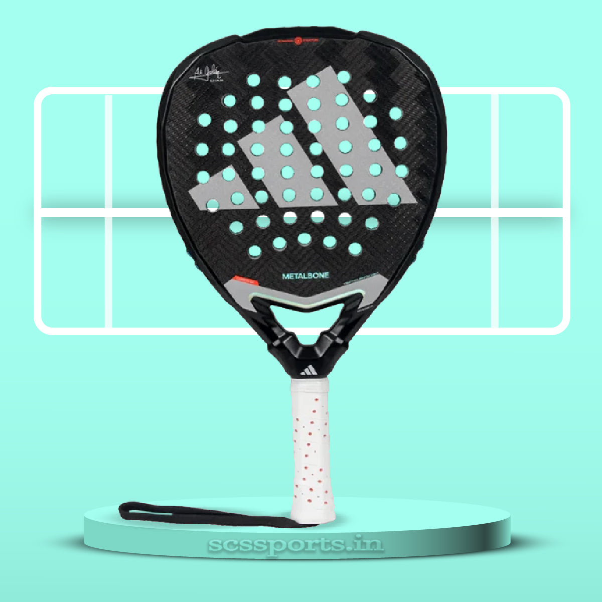 Adidas Metalbone 3.4 Padel Racket with a black grip and white and black color scheme, displayed in front of a stylized court background.