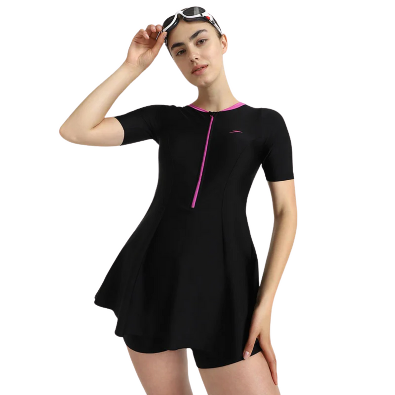 Load image into Gallery viewer, Speedo Closedback Short Sleeve Swimdress With Boyleg Female Swimming Costume
