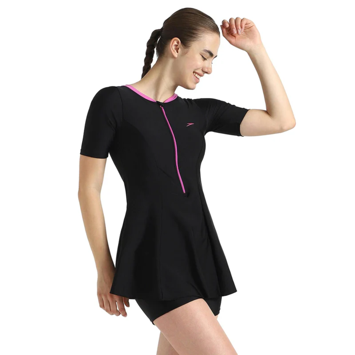 Speedo Closedback Short Sleeve Swimdress With Boyleg Female Swimming Costume