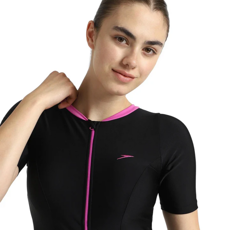Load image into Gallery viewer, Speedo Closedback Short Sleeve Swimdress With Boyleg Female Swimming Costume
