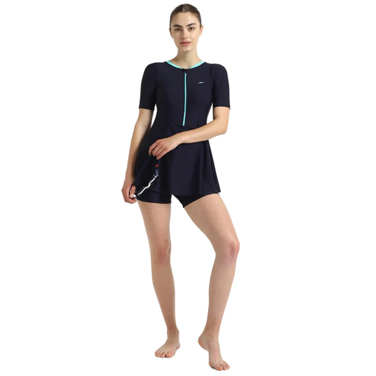 Speedo Closedback Short Sleeve Swimdress With Boyleg Female Swimming Costume