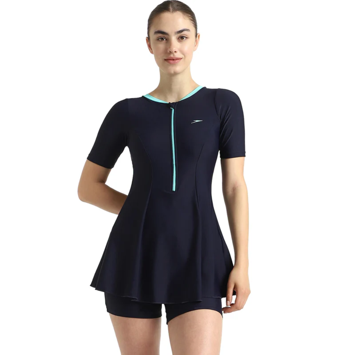 Speedo Closedback Short Sleeve Swimdress With Boyleg Female Swimming Costume