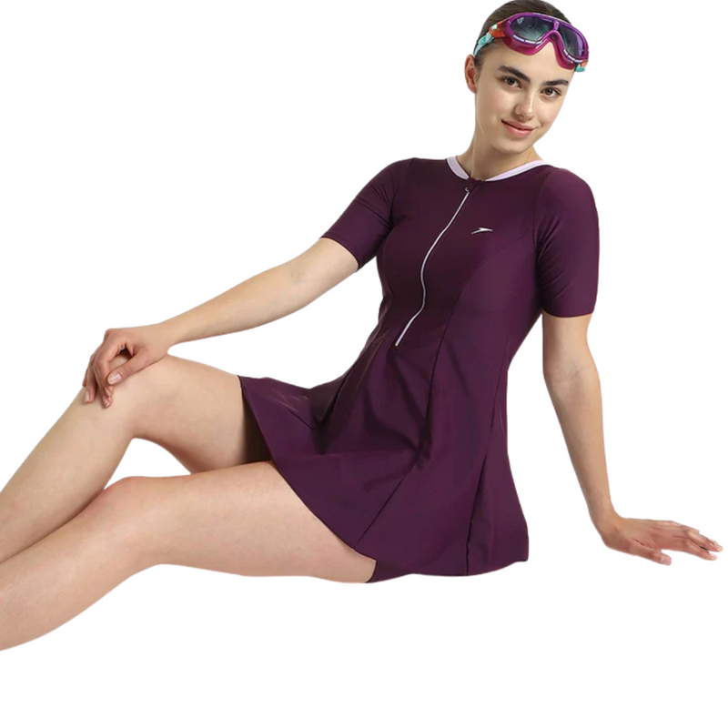 Load image into Gallery viewer, Speedo Closedback Short Sleeve Swimdress With Boyleg Female Swimming Costume
