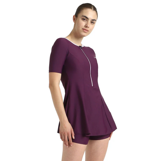 Speedo Closedback Short Sleeve Swimdress With Boyleg Female Swimming Costume
