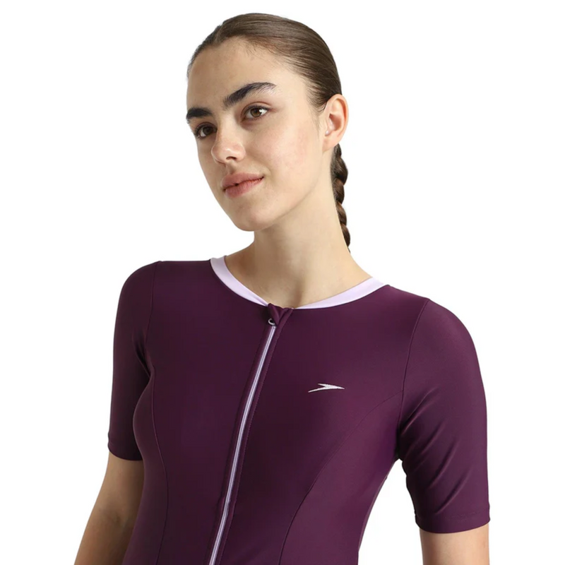 Load image into Gallery viewer, Speedo Closedback Short Sleeve Swimdress With Boyleg Female Swimming Costume
