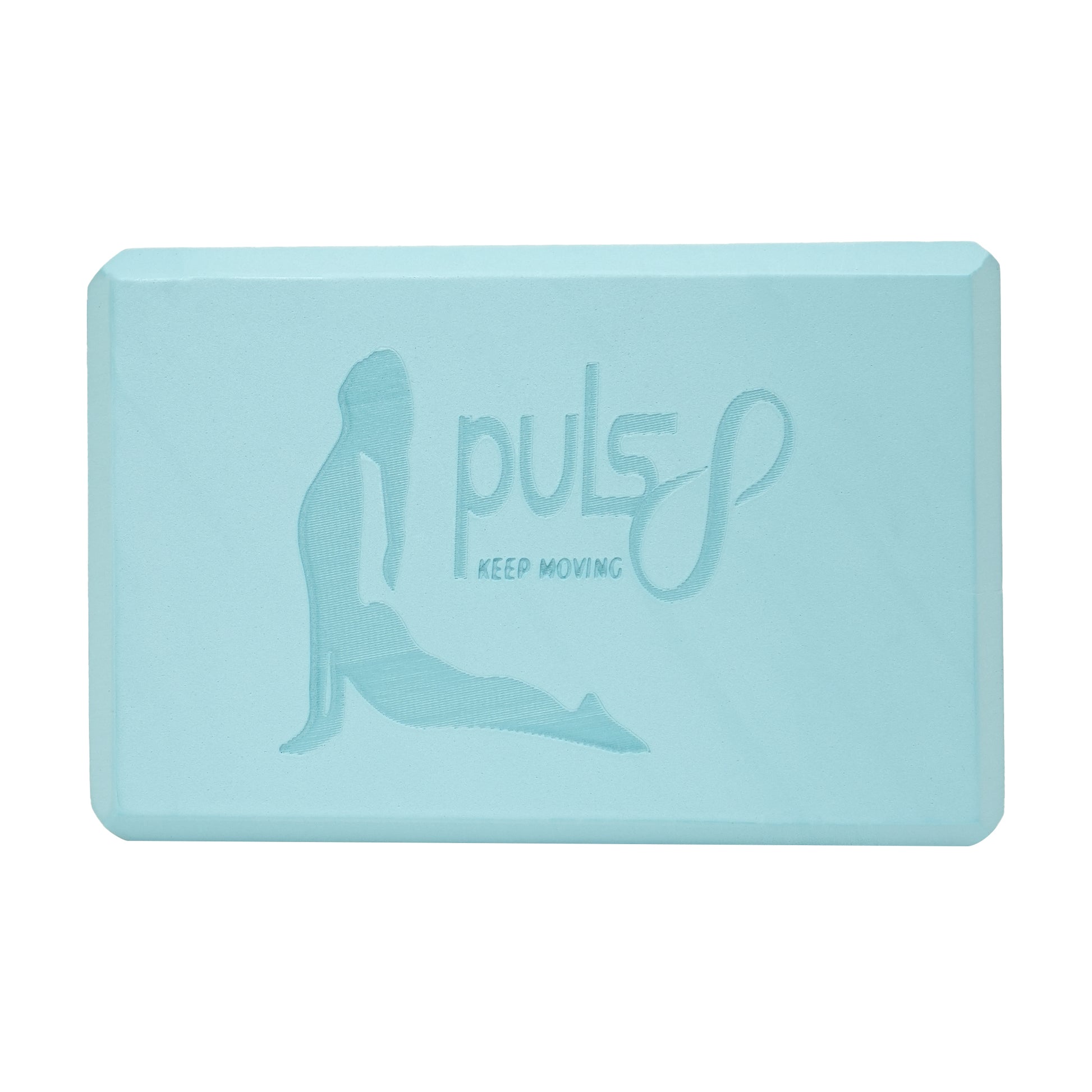 Light blue yoga block with 'Puls' branding on a white background