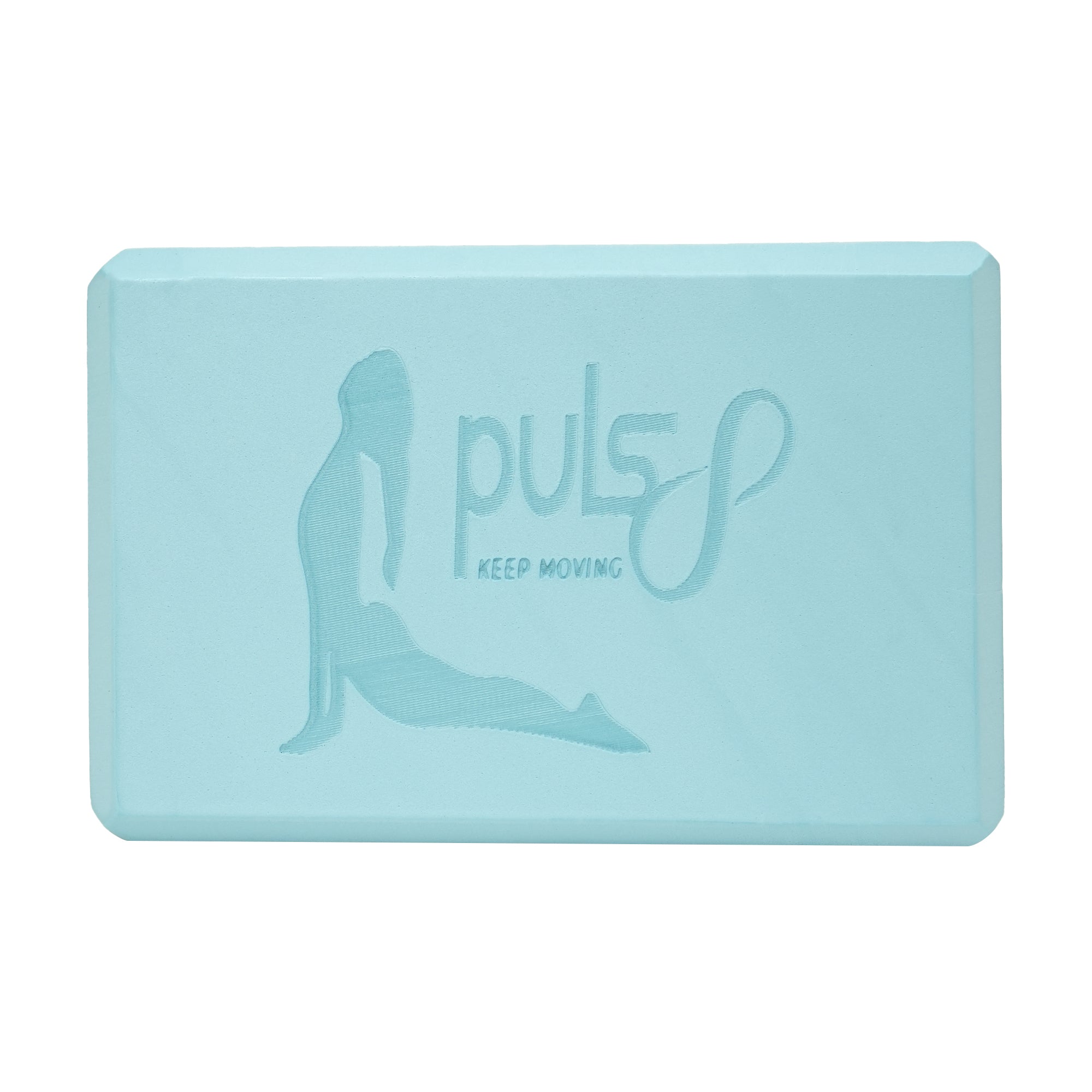 Light blue yoga block with 'Puls' branding on a white background