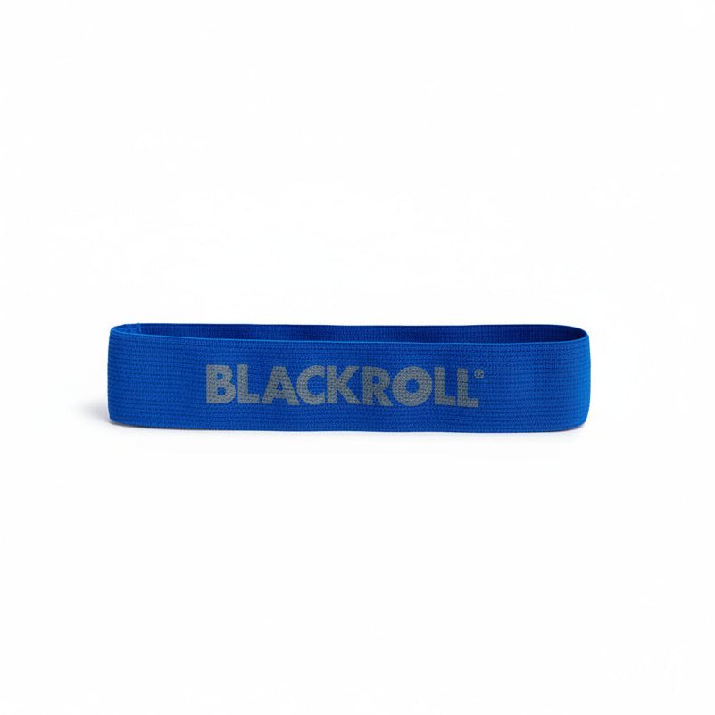 Blue resistance band with 'BLACKROLL' branding on a white background