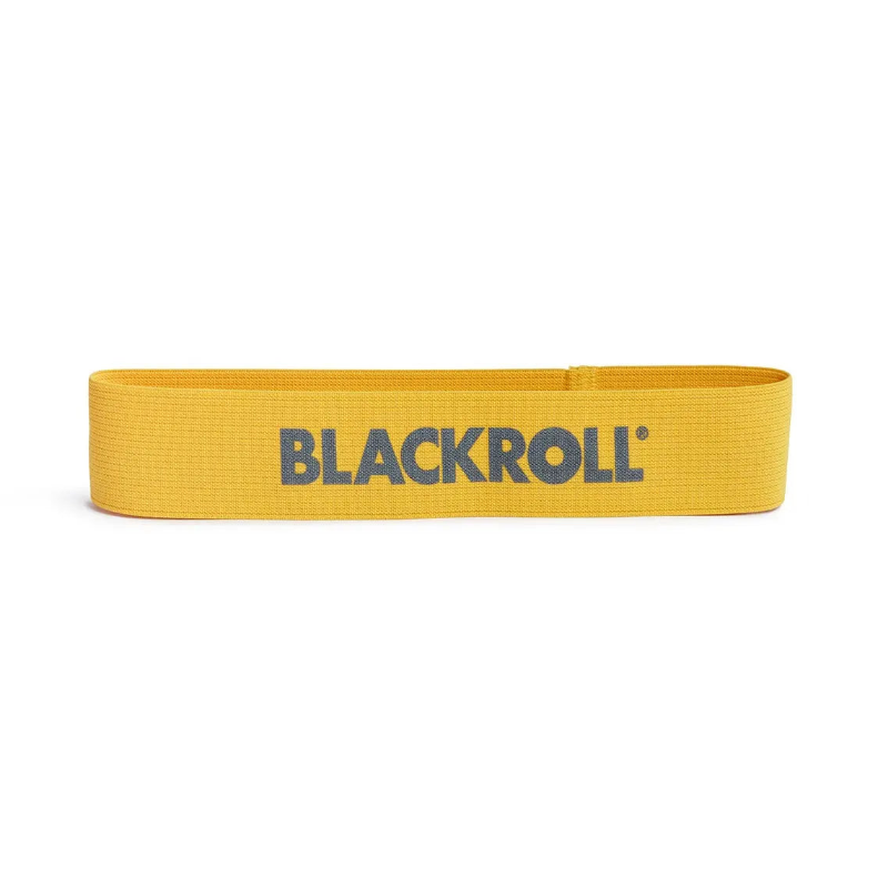 Yellow resistance band with 'BLACKROLL' branding on a white background